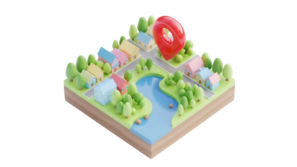 Isometric town with red location pin PNG isolated on transparent background, cute cartoon neighborhood for map and navigation design