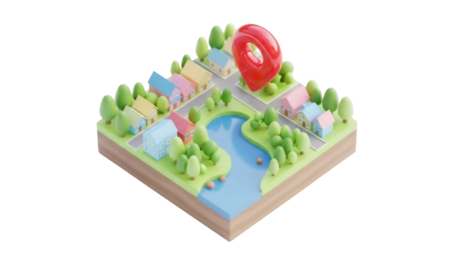 Isometric town with red location pin PNG isolated on transparent background, cute cartoon neighborhood for map and navigation design