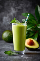 Fresh green smoothie with avocado, spinach and leafy greens in glass on dark background