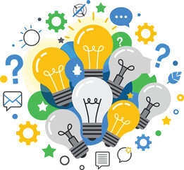 Bright idea lightbulb cluster with gears and question marks symbolizing innovation creativity problem solving and solutions isolated on white background