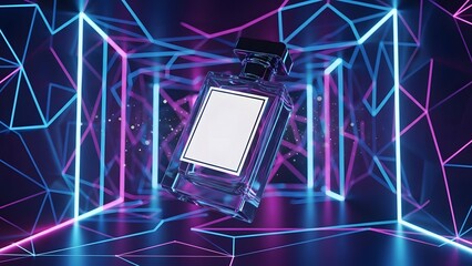 Perfume bottle in neon geometric tunnel