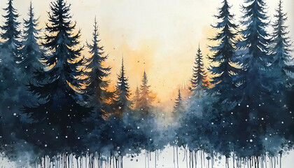 Evergreen Forest and Hazy Sky Watercolor