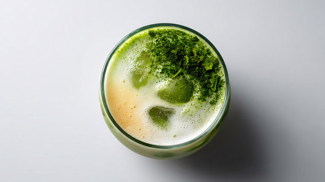 Top view of green smoothie in white bowl with fresh ingredients healthy breakfast concept