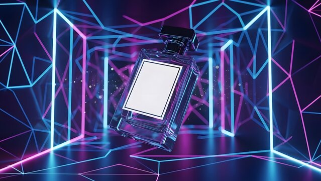 Perfume bottle in neon geometric tunnel