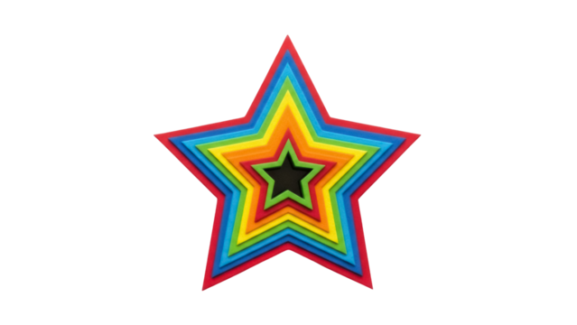 Colorful layered star PNG isolated on transparent background, rainbow star shape with red, blue, yellow, green, and black layers
