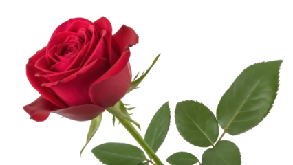 Beautiful red rose isolated PNG on transparent background, romantic flower with green leaves for love and Valentine s Day concepts
