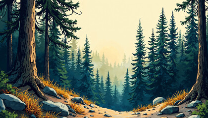 Forest Path with Pine Trees and Rocks