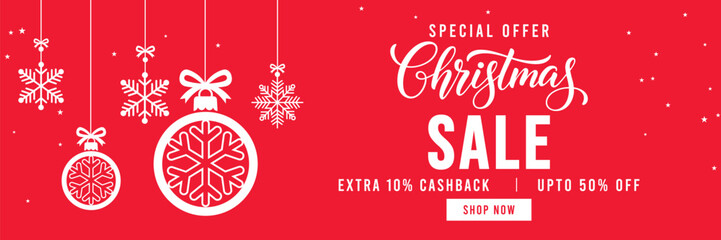 Festive red Christmas sale banner with hanging snowflake ornaments and baubles, elegant Christmas typography, special offer promotion with cashback and discount, ideal for holiday marketing and online