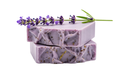 Handmade lavender soap bars stacked with fresh lavender flowers isolated PNG, natural skincare product for aromatherapy and relaxation on transparent background
