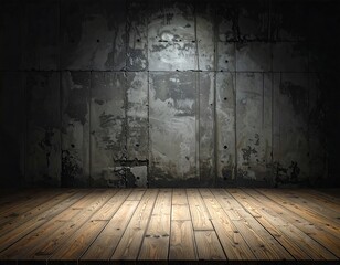 Dramatic interior featuring a distressed concrete wall and rustic wooden floor