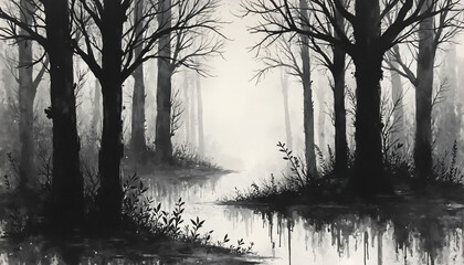 Misty Forest with Reflecting Water