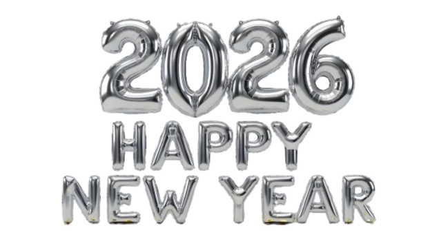 Silver happy new year 2026 balloons spelling out the year of twenty twenty six on black