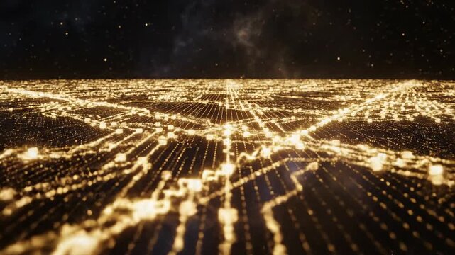 Abstract aerial perspective panning across countless suspended glowing golden dots resembling a vast, intricate circuit board or nebulous light field science, slow movement, data