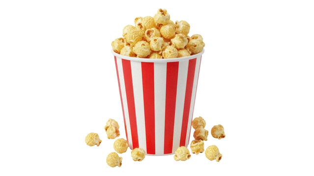 Delicious buttered popcorn in a red and white striped bucket isolated PNG, classic movie snack on transparent background