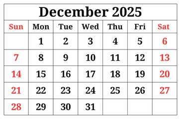 December 2025 ENGLISH month calendar. png transparent illustration