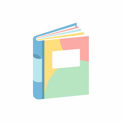 A colorful open book with a blue spine and pastel-colored cover featuring a white label, illustrating a simple and inviting design.