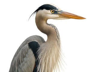 Obraz premium Great Blue Heron Close-Up Isolated on White – Detailed Avian Portrait for Ornithological Reference