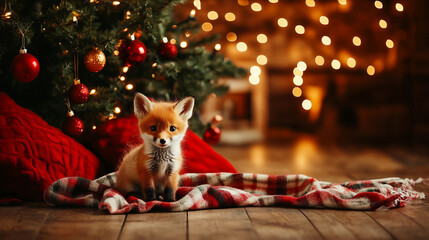 A tiny fox cub sitting by a Christmas tree in a warm festive atmosphere