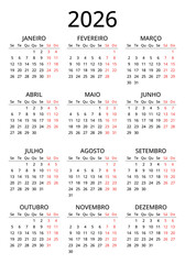 Portuguese calendar set for 2026 year. Simple png illustration Portugal