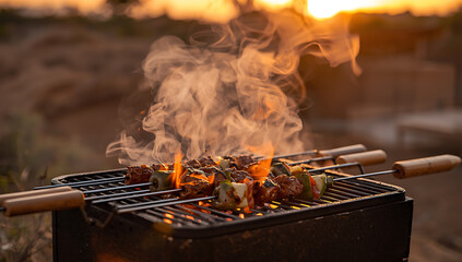 middle eastern kebabs sizzling on a charcoal grill with rich spices smoky aroma and juicy texture capturing authentic cuisine cultural flavors and traditional outdoor cooking scenes