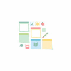 A collection of educational icons and sticky notes arranged in a playful, organized manner.