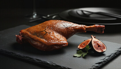 Dramatic Confit de Canard Presentation with Pickled Figs and Fresh Coriander Garnish