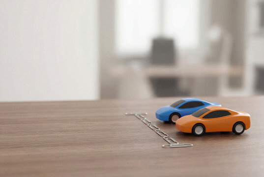 Two toy cars racing to a finish line made of paper clips on a wooden desk in a bright office, playful competition and business metaphor for leadership, goals and teamwork