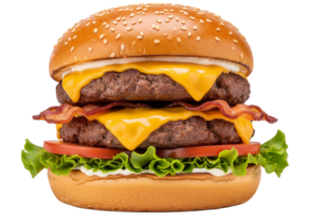 Tempting double cheeseburger with crispy bacon and fresh toppings, a delicious indulgence for food lovers, perfect for restaurant menus and food blogs