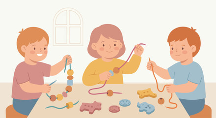 “Children practicing fine motor skills with beads and threading toys, flat style, warm soft colors, minimal background.”