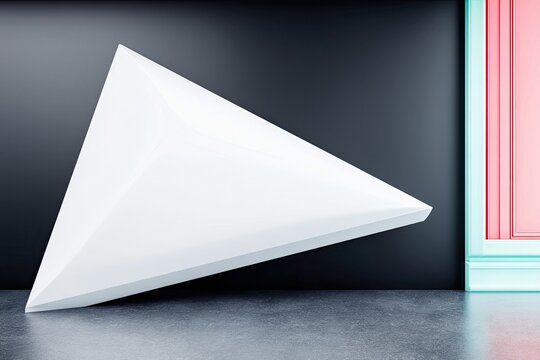 A white geometric triangle leans against a dark wall, with a pink and blue architectural detail in the background, set on a concrete floor.