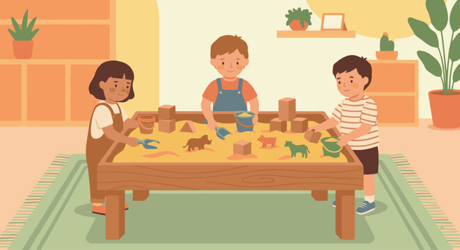 &ldquo;Kids playing with sensory bins filled with sand and safe objects, warm flat vector, simplified forms, early childhood activity.&rdquo;