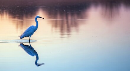 A white heron stands in calm water, its reflection visible. The sky is a gradient of colors during sunset, creating a peaceful scene.