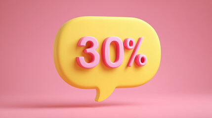 3D illustration of a vibrant yellow speech bubble featuring a bold pink "30%" symbolizing a discount or promotional offer in a playful and modern design