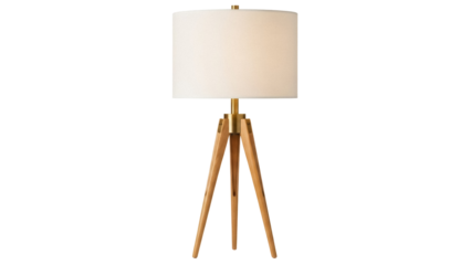 Modern tripod floor lamp PNG isolated on transparent background, contemporary lighting fixture with beige shade for interior design