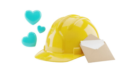 Yellow construction helmet with love hearts and envelope isolated PNG, safety and care concept for construction workers and building industry