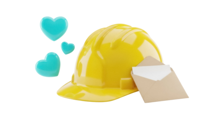 Yellow construction helmet with love hearts and envelope isolated PNG, safety and care concept for construction workers and building industry