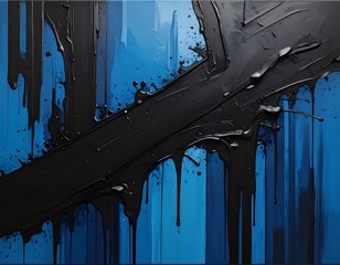 Dynamic abstract painting with bold black streaks against a gradient blue background