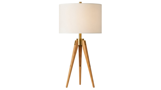 Modern tripod floor lamp PNG isolated on transparent background, contemporary lighting fixture with beige shade for interior design - Powered by Adobe