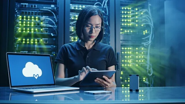 Woman IT specialist works in server room with a tablet. This IT specialist manages data and cloud computing. The laptop shows a cloud service icon. A woman works on server network administration.
