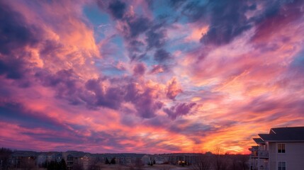 Obraz premium A beautiful sunset with a pink and orange sky. The sky is filled with clouds and the sun is setting. The scene is peaceful and serene