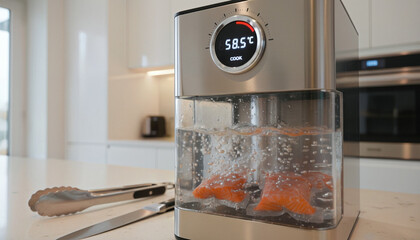 Close-up of sous vide machine dial in modern kitchen ambient.