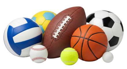 Dynamic assortment of different sports balls in a heap on an isolated transparent field