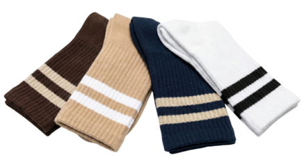 Assorted striped athletic socks, arranged together on a transparent surface, offering a classic