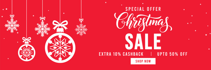 Festive red Christmas sale banner with hanging snowflake ornaments and baubles, elegant Christmas typography, special offer promotion with cashback and discount, ideal for holiday marketing and online