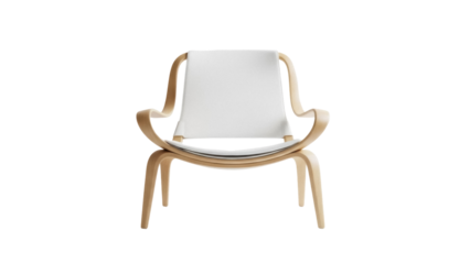 Elegant light wood lounge chair with white canvas seat isolated PNG, modern furniture for living room or relaxation area on transparent background
