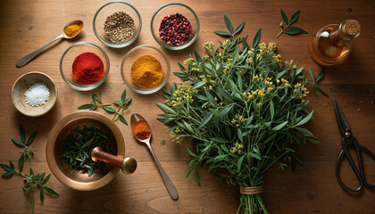 Artisanal Rue Making Scene with Fresh Herbs and Spices on Wooden Surface