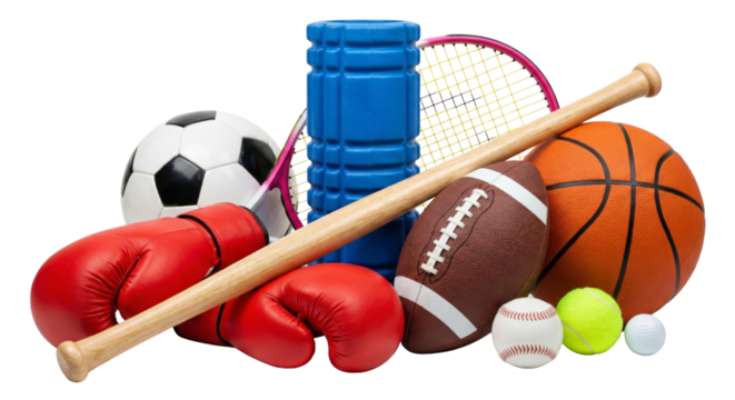 Dynamic Collection of Sporting Equipment Ready for Action with Isolated transparent background