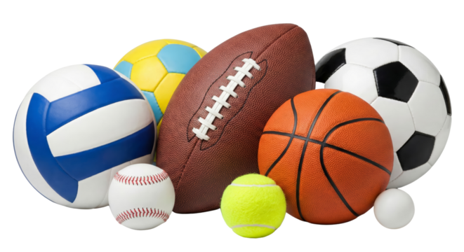 Dynamic assortment of different sports balls in a heap on an isolated transparent field
