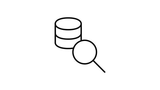  Outline illustration of a magnifying glass and a data stack in black and white, representing data examination.