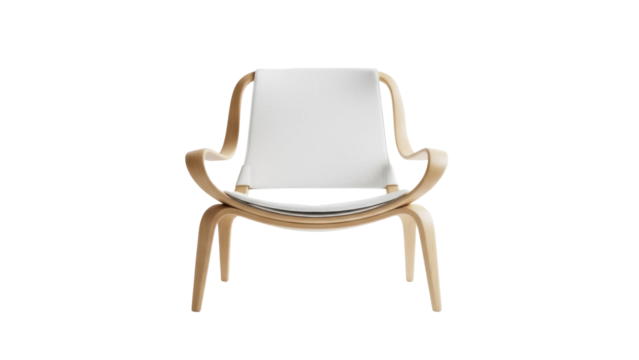 Elegant light wood lounge chair with white canvas seat isolated PNG, modern furniture for living room or relaxation area on transparent background